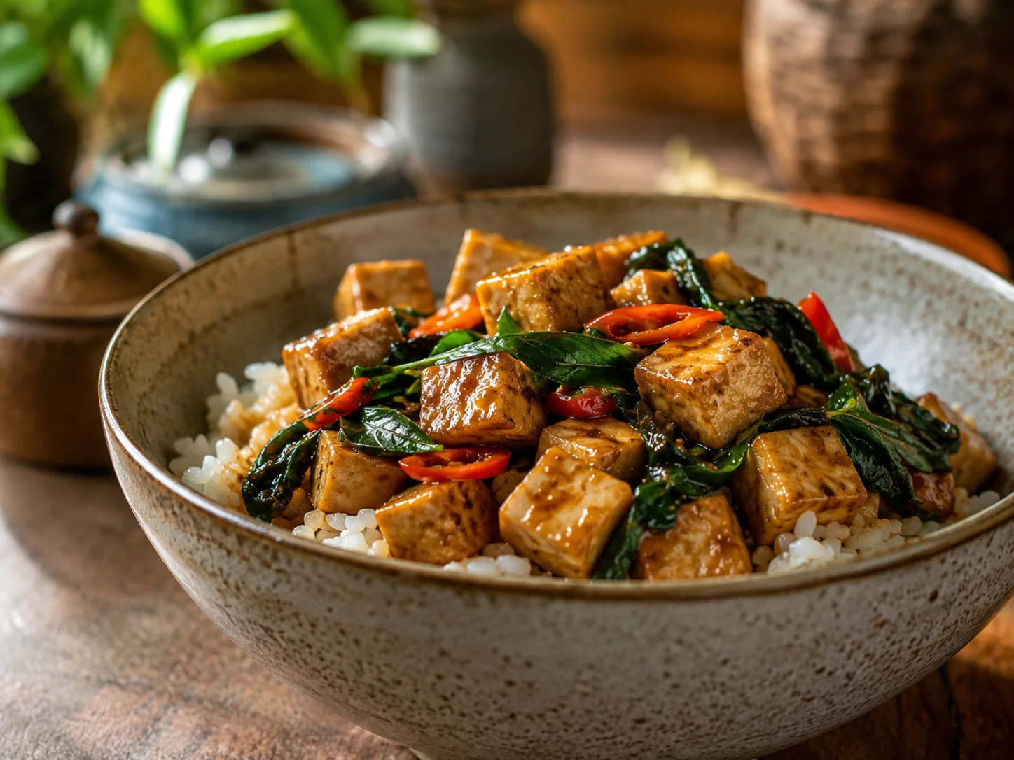 Thai basil tofu stir-fry over rice with chili and basil