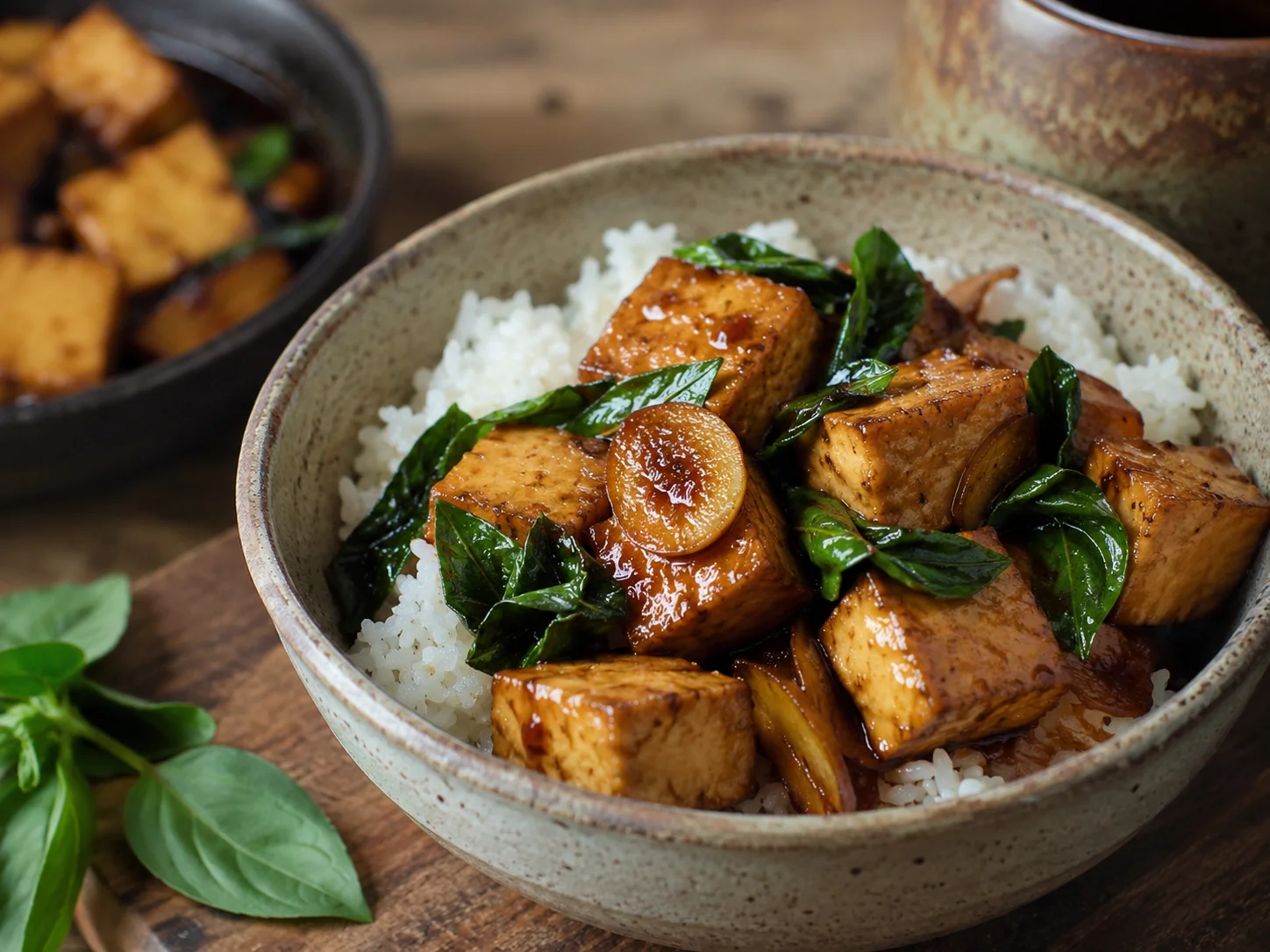 Three cup tofu with glossy sauce, ginger and basil