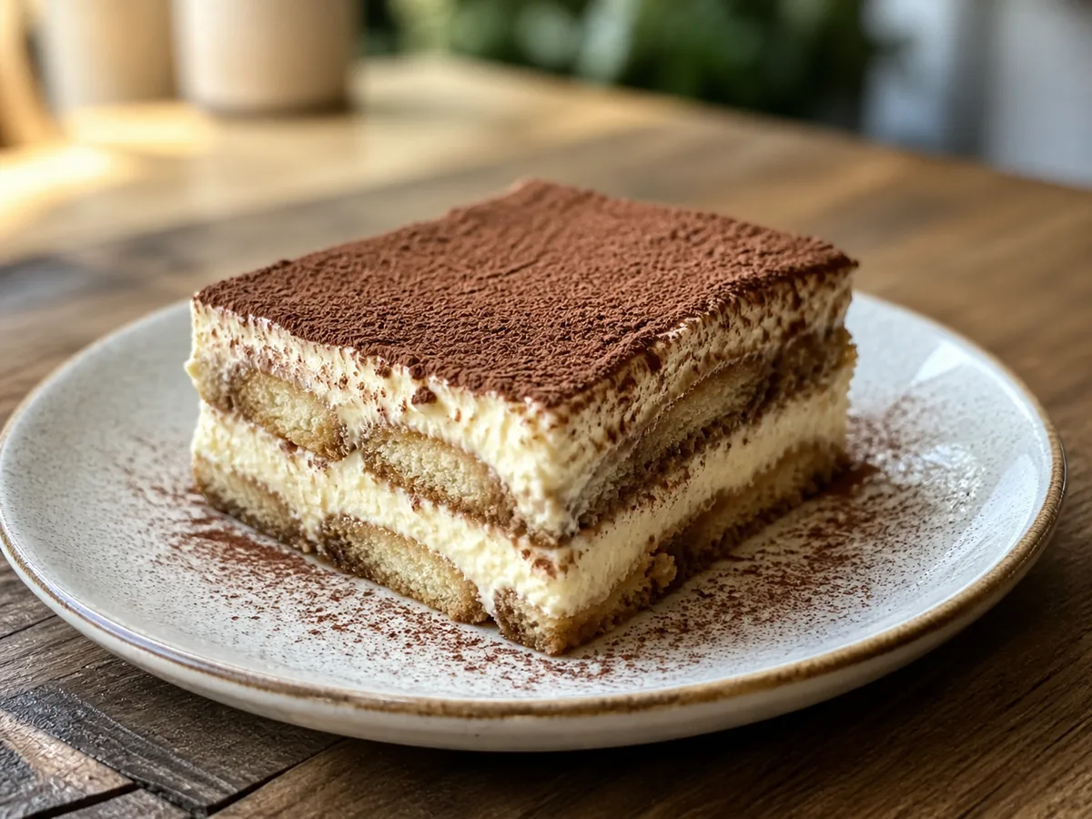 Porción de tiramisú con cacao y capas cremosas
