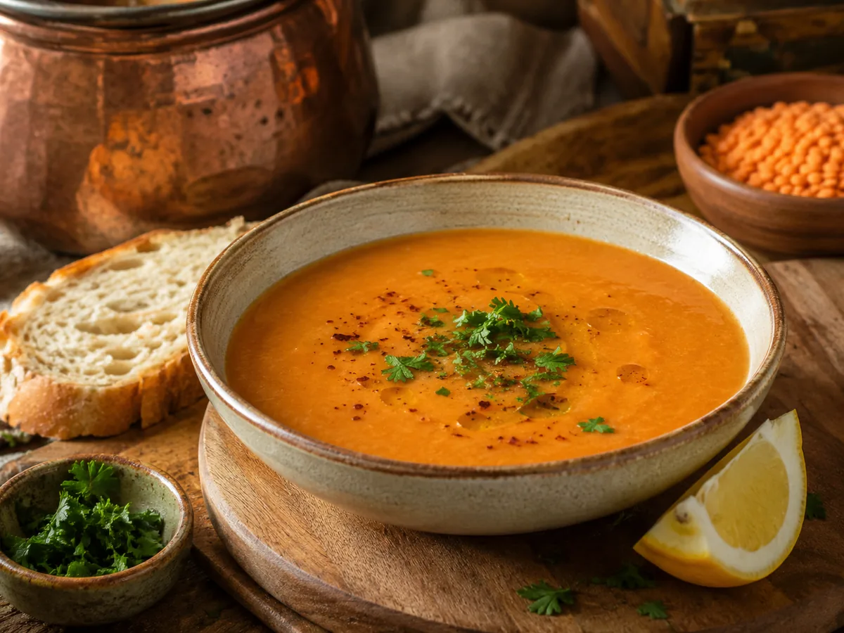 Smooth Turkish red lentil soup in bowls with lemon wedges