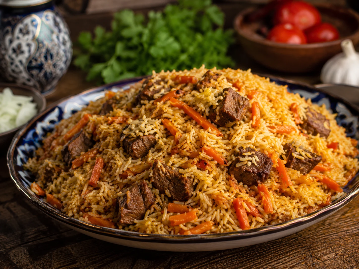 Uzbek plov with beef, rice and carrots