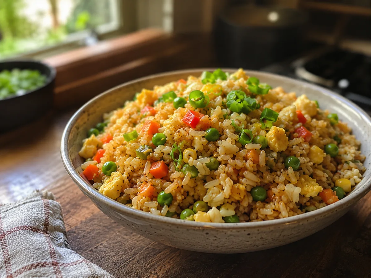 Vegetable fried rice with egg, spring onion and mixed vegetables in a bowl