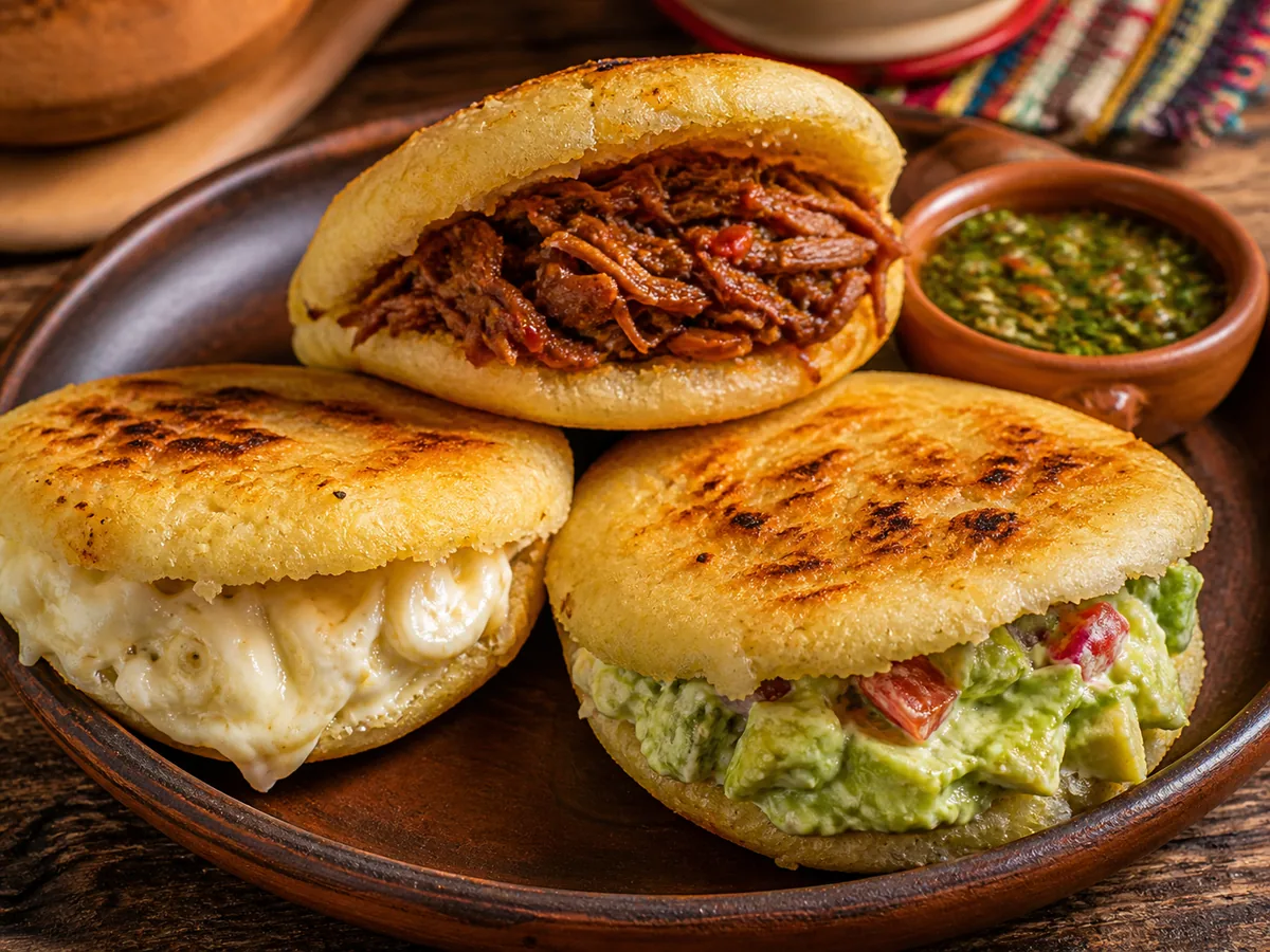 Tres arepas venezolanas doradas con distintos rellenos servidas en un plato de madera.