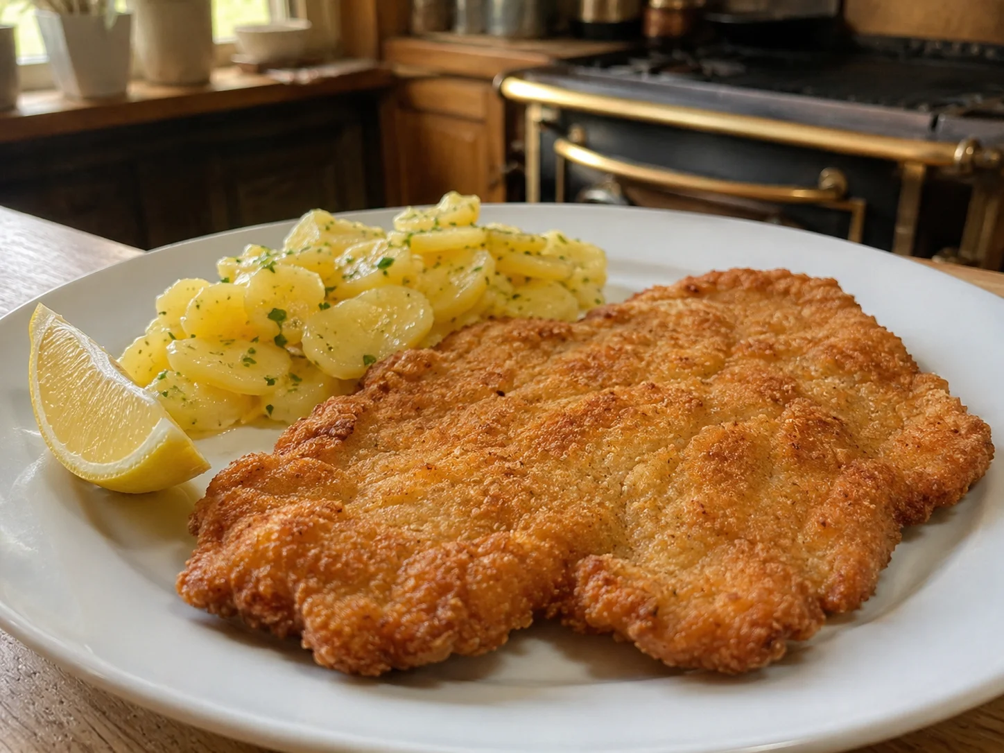 Wiener schnitzel dorado con limón en un plato