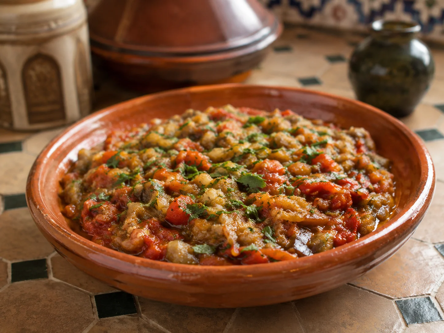 Moroccan zaalouk with eggplant, tomato, olive oil and parsley